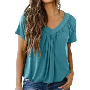 Short Sleeve V Neck T Shirts for Womens 2026 Casual Loose Fit Ruched Top Spring Tops
