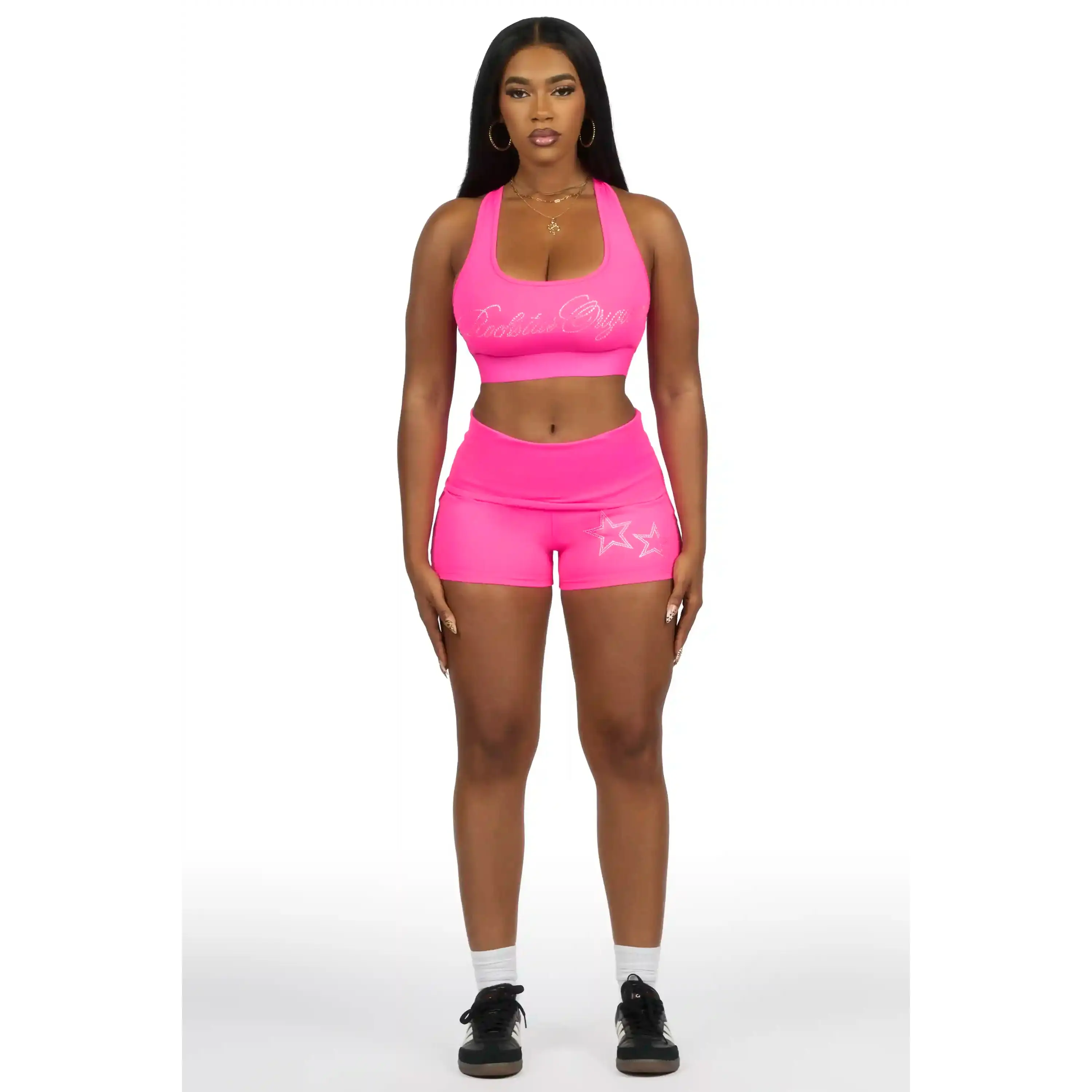 Arieona Hot Pink Rhinestone Sports Bra Foldover Short Set