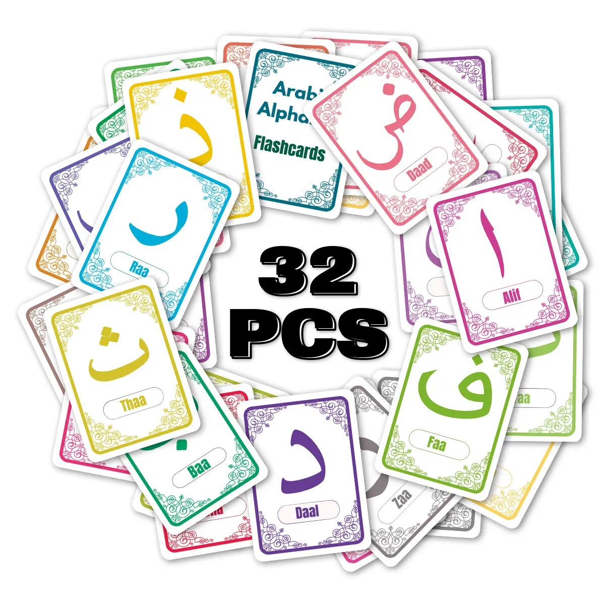 32pcs Arabic Alphabet Cards, Language Learning Cards for Beginners, Islamic Learning Tool for Arabic Script Recognition, Arabic Writing & Reading Learning Aid Cards, Vocabulary Flashcards Set, Word Cards