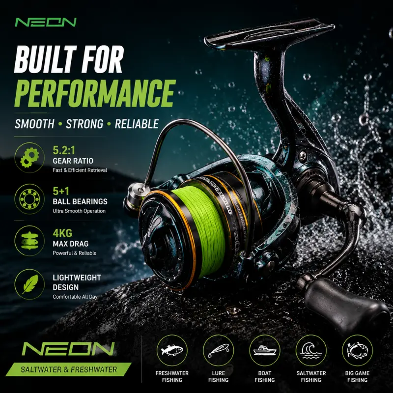 Lightweight Spinning Reel-5.2 with Line: 1-4KG braking force, 4+1 precision bearing system, CNC metal spool design, anti-tangle smooth guide rings, comfortable ergonomic handle, suitable for multiple water areas, a perfect gift for fishing enthusiasts.