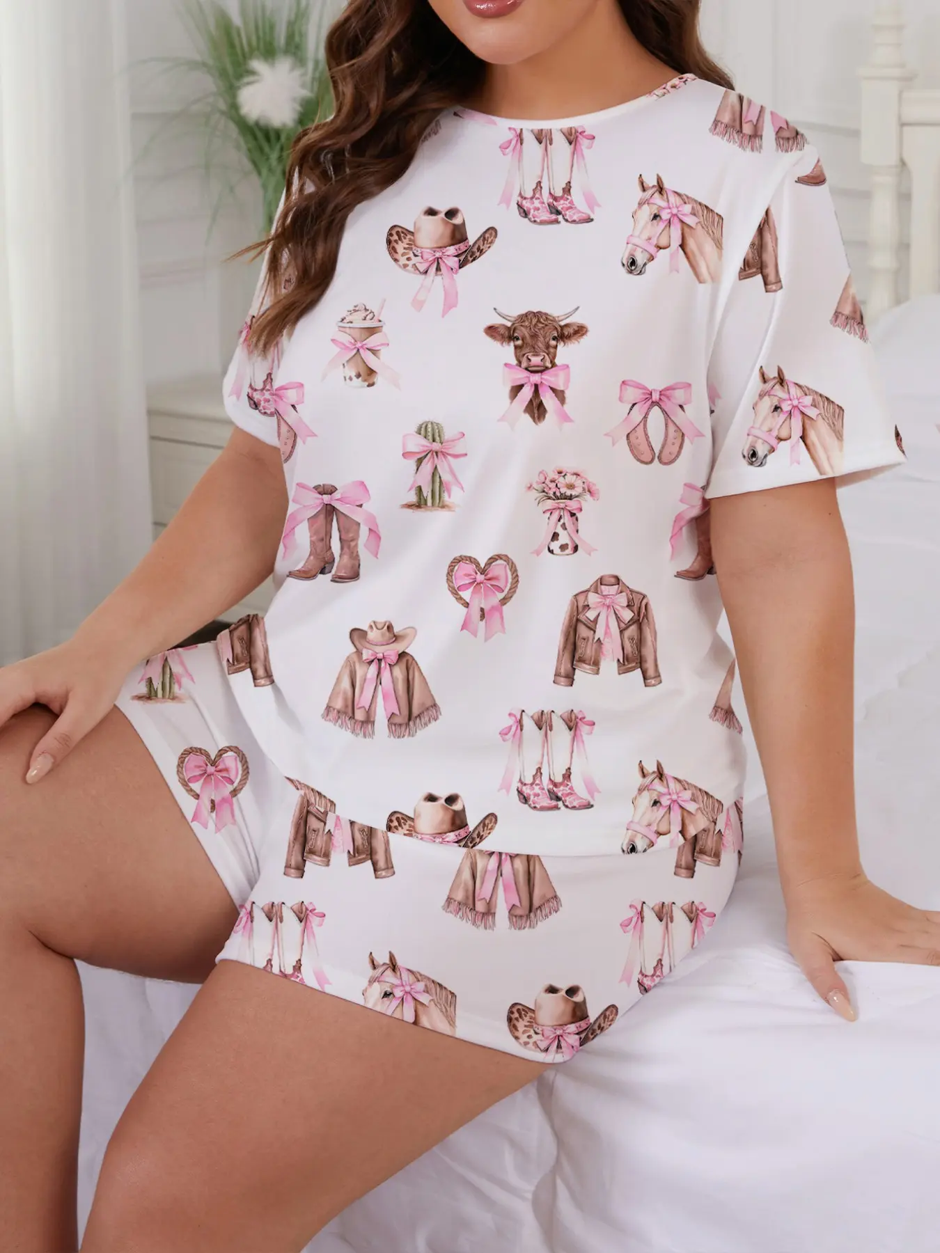 Women's Denim Style Sleepwear Pajama Set Pjs, Cute Bowknot Cactus Animal Print, Loose-Fitting Short Sleeve Round Neck Shirt & Elastic Shorts, All Seasons Home Wear