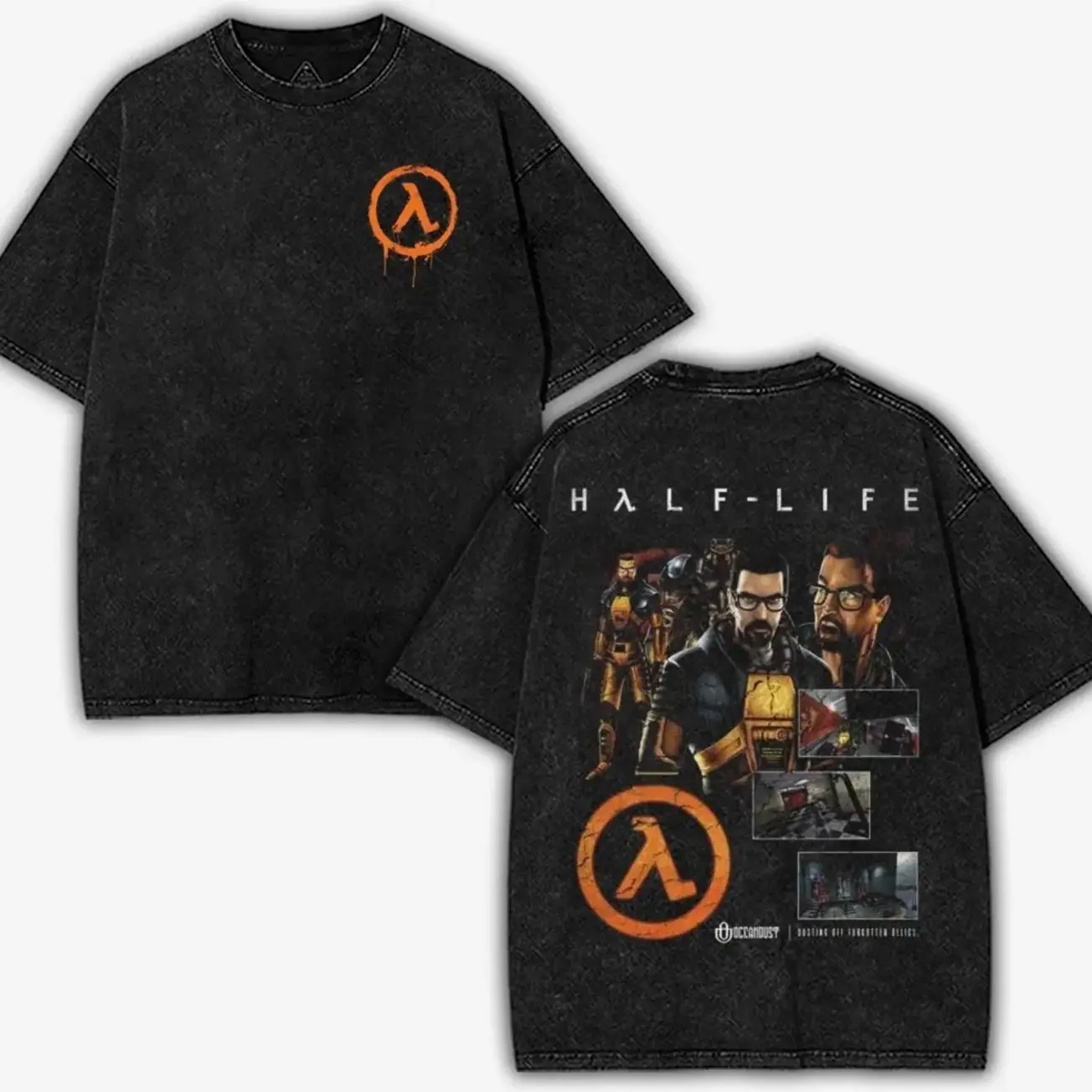 Half-life Washed Unisex Graphic Tees, Casual Crewneck Short Sleeve Washed Tshirt 2 Sided Cotton unisex graphic tees gamer merch, Black Cotton Tee with Graphic Design Featuring "HALF-LIFE" 6JX