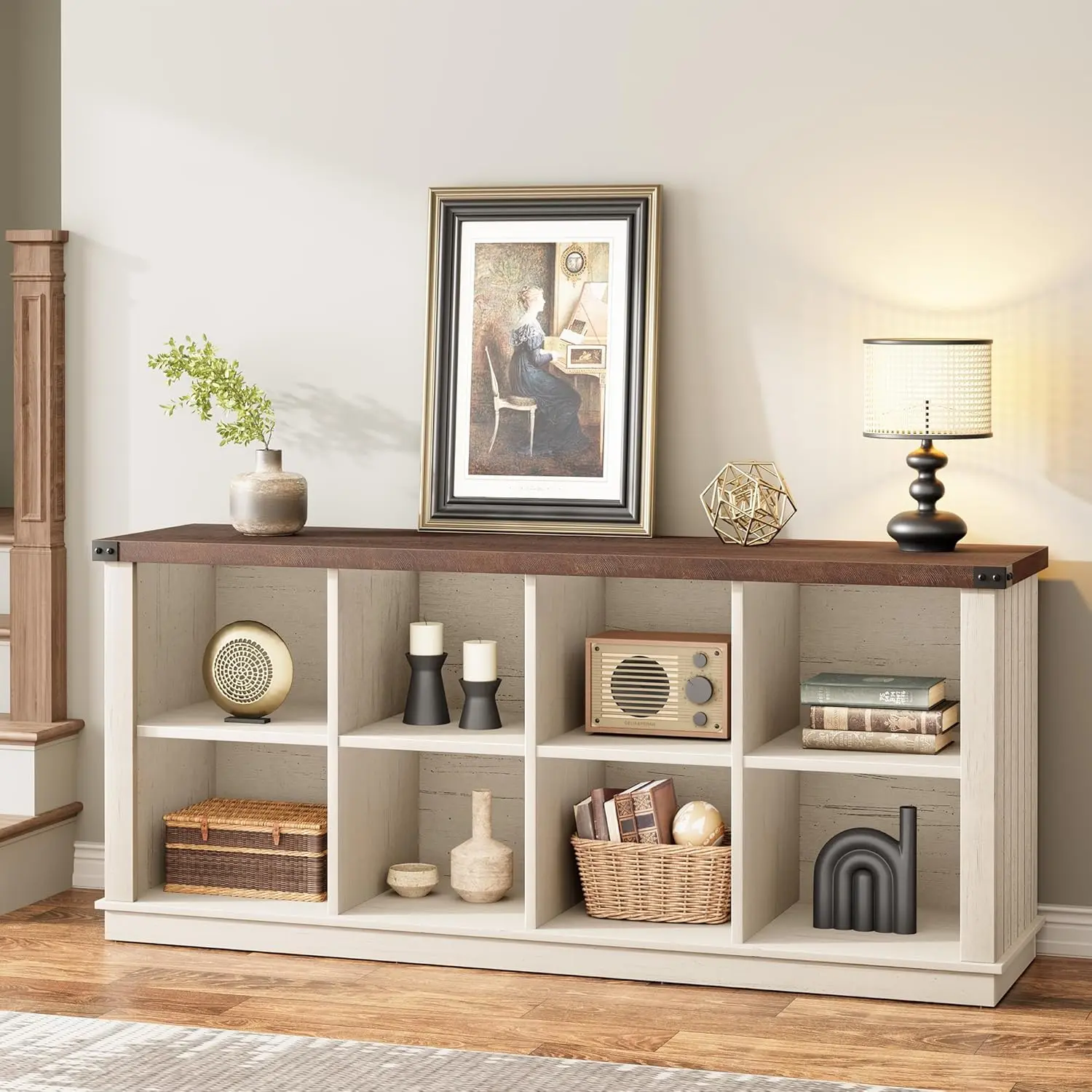 Rustic Farmhouse 8-Cube Bookshelf Cabinet – Long Horizontal Wood Storage Organizer, 2-Tier Freestanding Shelf for Living Room, Entryway, or Office, Durable Construction