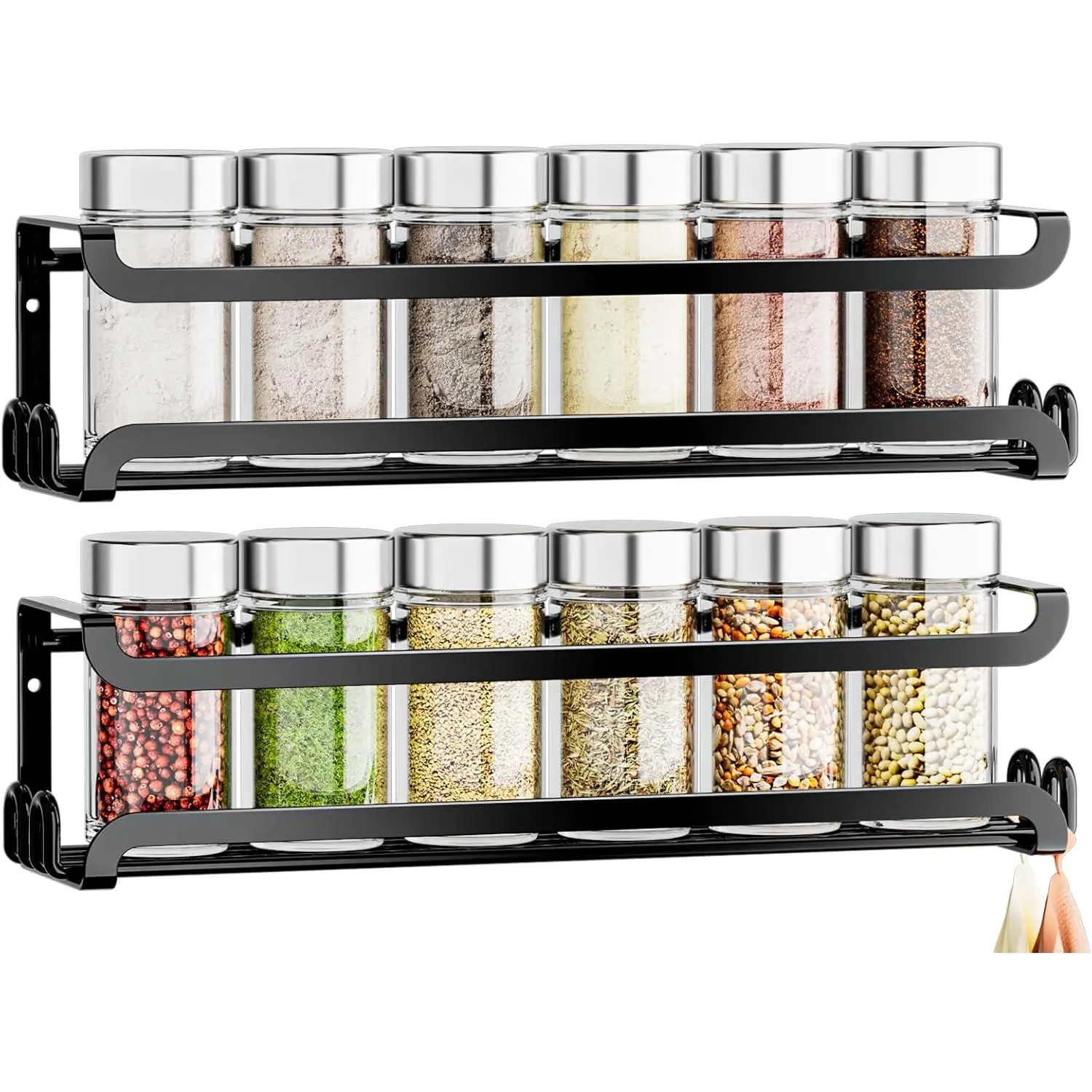 2 Pack Wall Mounted Spice Rack for Spice Jars & Seasonings (Black) | 8 Metal Hooks, Space-Saving,Screw or Adhesive Spice Shelf Hanging,for Kitchen Cabinet,Pantry Door,RV,Camper Spice Orgnaizer
