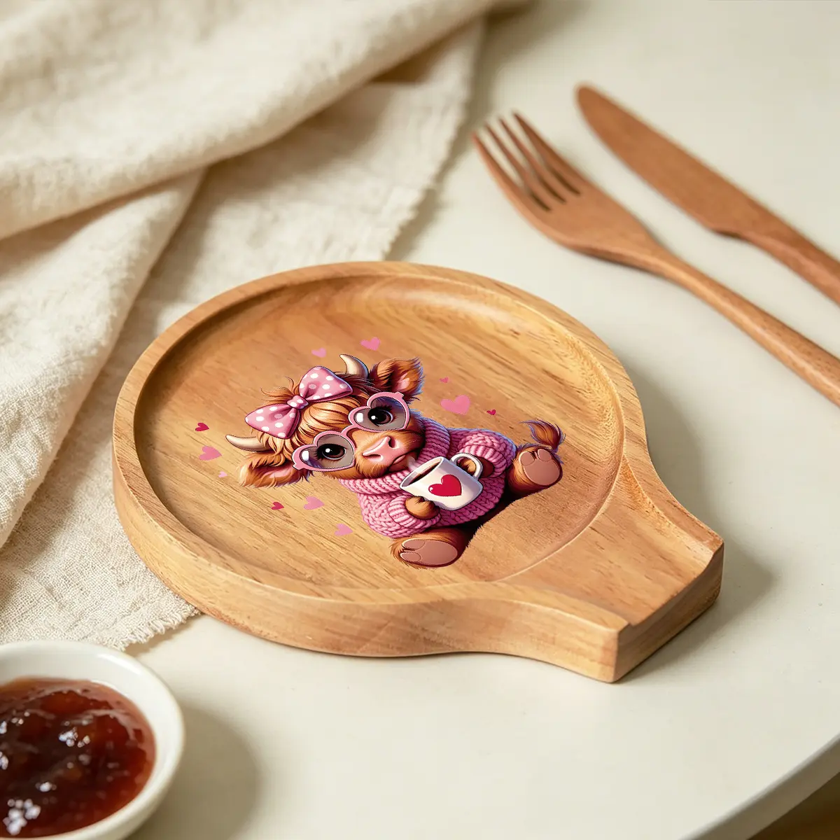 1pc Cute Highland Cow with Pink Bow & Heart Cup Print Wooden Spoon Rest Kitchenware, Natural Wood Kitchen Utensil Holder for Ladles, Spoons & Cooking Tools, Rustic Countertop & Stovetop Organizer, Perfect Sweet Home Gift for Kitchen Enthusiasts