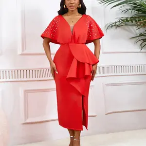 summer spring clothes Elegant Dresses for Women V Neck Short Sleeve Beaded Ruffles Side Split Length Luxury Birthday Party Dinner Formal Light