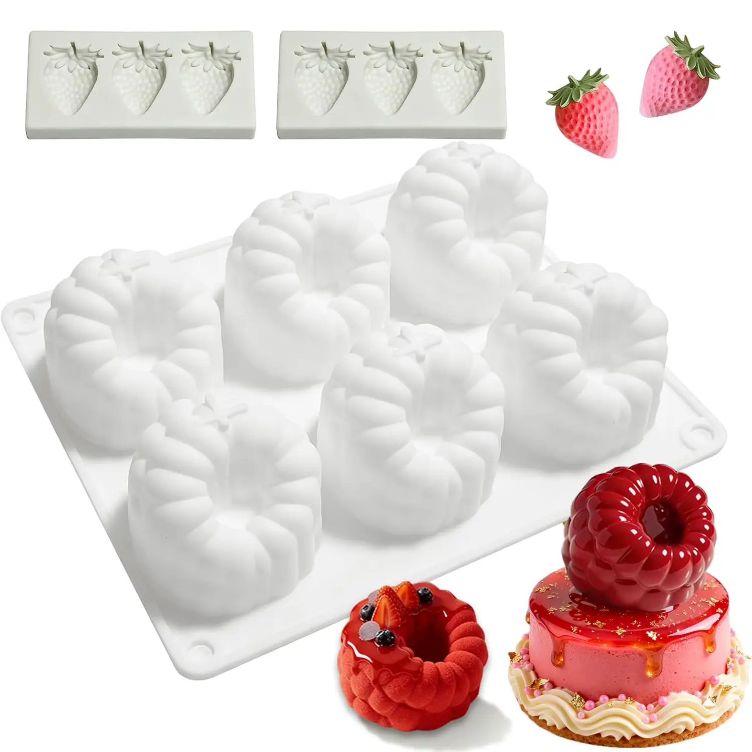 Raspberry Silicone Molds,3D Large Fluted Design, Silicone Strawberry Molds,6-Cavity Fruit Moulds for Mousse Cake,Chocolate, Jelly & Dessert,Cupcake Topper