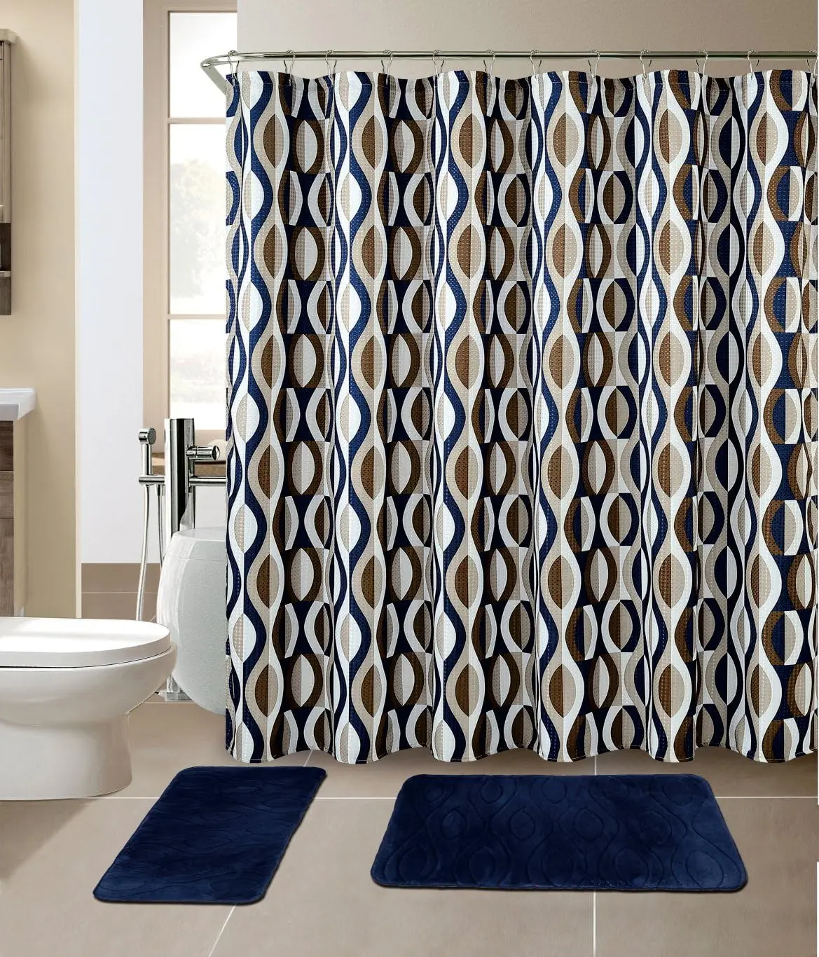 Luxury Home 15 Piece Super Soft Memory Foam Non-Slip Bathroom Rug Set Includes Bath Rug Mat, Contour Mat, and Shower Curtain with Hooks
