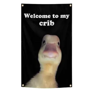 Welcome to My Crib Funny Flags Duck 2x3 Feet Bedroom Wall Art Tapestry for Family Dormitory Living Room With Four Brass Buckle Holes