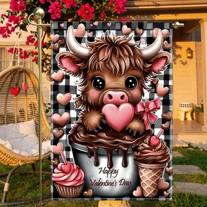 Adorable Highland Cow Valentine's Day Garden Flag, 12x18" Double-Sided, Chocolate Heart & Ice Cream Design, Perfect for Seasonal Porch Decor