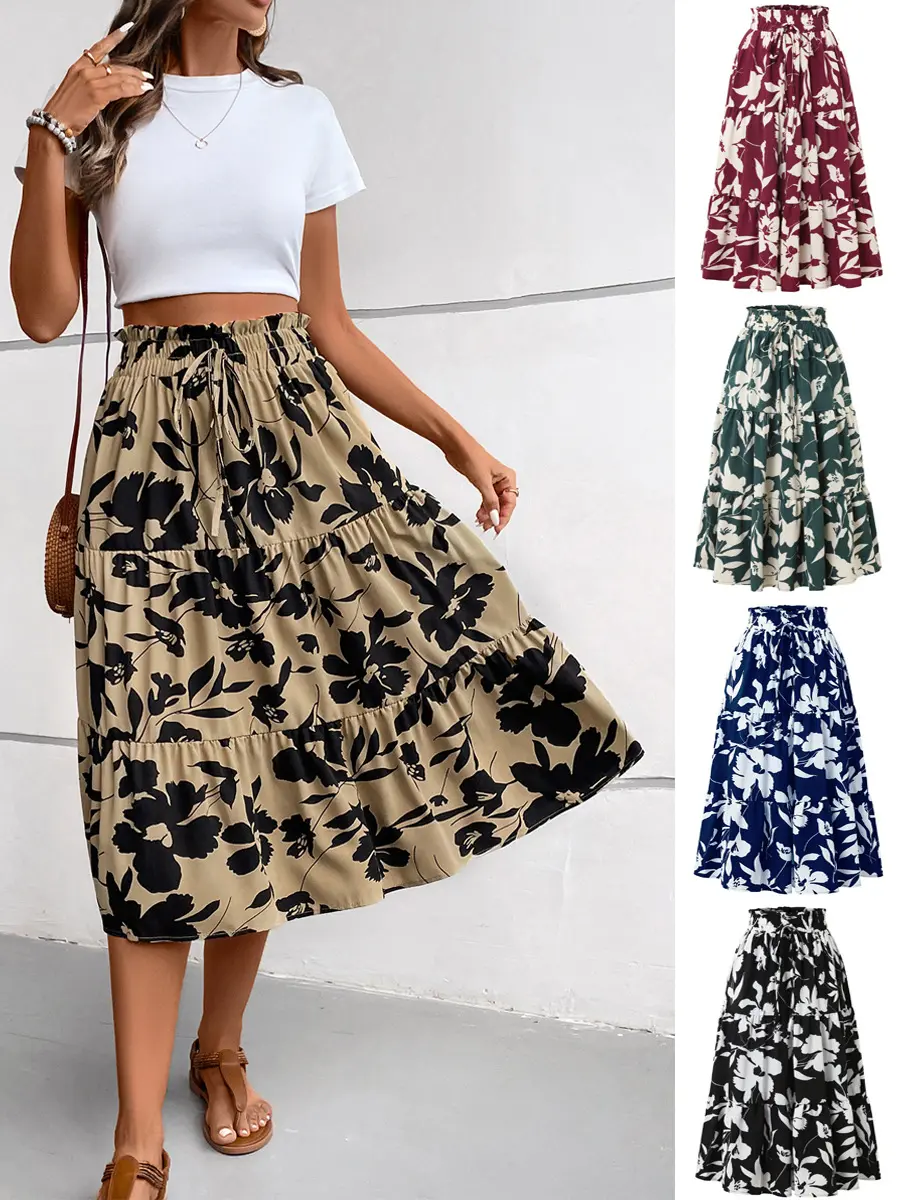 Women’s Floral Print A-Line Midi Skirt High Waist Tiered Swing Skirt Casual Summer Boho Skirt for Beach Vacation, Weekend Outfits & Daily Wear