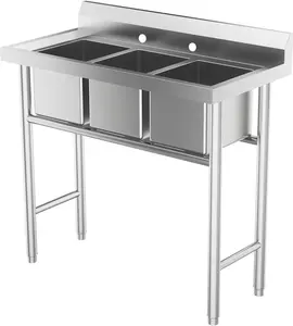 ROVSUN 3-Compartment Commercial Sink, Stainless Steel Utility Tub Sink with Leg, Freestanding Kitchen Sink for Restaurant Laundry Room Garage Outdoor, 39"D x 17.7"W x 40.2"H, Silver