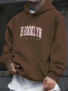 Men's Fashion Casual Hoodie with Brooklyn Letter Print, Drawstring Sporty Sweatshirt, Front Kangaroo Pocket, All Seasons Wear