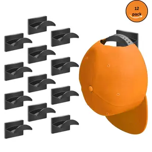 Adhesive Hat Hooks for Wall (12 PCS) - Minimalist Hat Rack Design, Strong Hold Hat Hangers, No Drilling, Organizer for Wall, Room Decor (Black)