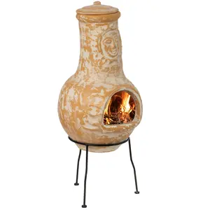 Vintiquewise  Outdoor Clay Chiminea Fireplace Sun Design Wood Burning Fire Pit with Sturdy Metal Stand, Barbecue, Cocktail Party, Cozy Nights Fire Pit, Terra Cotta