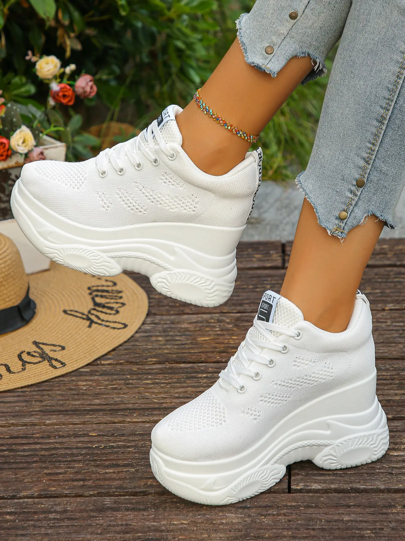 Women's Black & White Wedge Platform Hidden Heel, Casual Round Toe, Casual Sneakers, Breathable Casual Trainers, Hollow Out Breathable Fabric Upper, Ideal for Daily & Commute Wear, Comfortable for Home, Formal Occasions & Travel