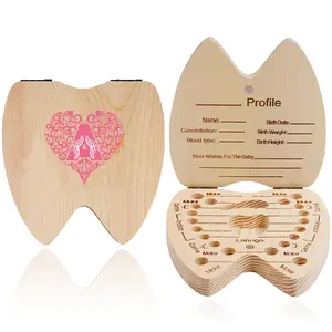 Wooden Baby Tooth Box, 1 Count Kids Milk Teeth Organizer, Newborn Memory Box, A-Z Letter & Heart-shape Pattern, Ideal Gift for New Parents & Baby Shower, Nursery Room Decor