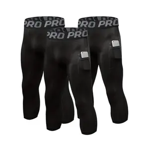 Men's Letter Tape Pocket Shapewear Capri Leggings, Breathable Quick Drying Compression Leggings, High Stretch Seamless Shaper for Men