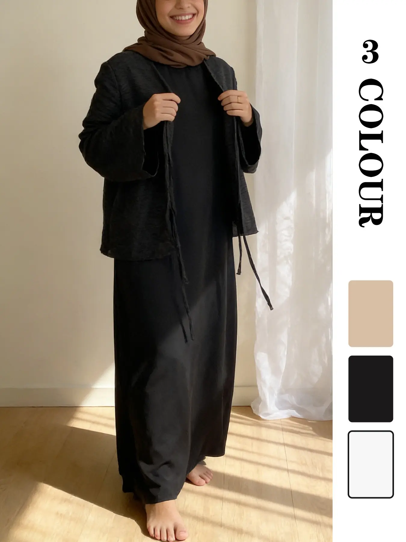 Muslim Pajama Top with Inner dress 2 PCS Set for Women with Modest and Versatile Design, Available in 3 Colors and 5 Sizes, Tie Design and Drapey Fabric for Skirts or Pants, Islamic Clothing Set