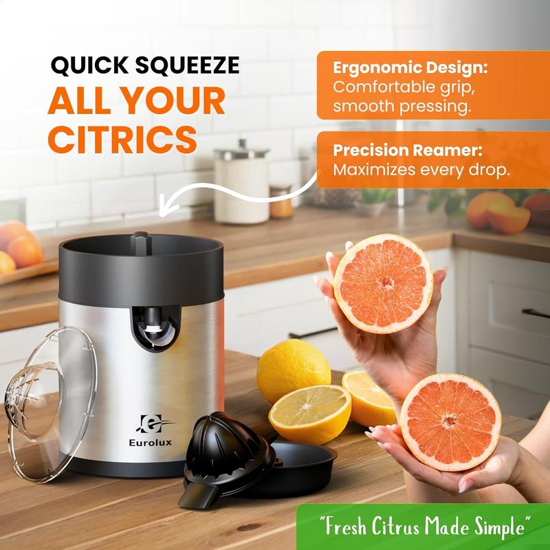 Eurolux Electric Citrus Juicer - Powerful Motor, Anti-Drip System, Dishwasher Safe Parts, Stainless Steel Housing, Automatic Start/Stop, for Orange, Grapefuit, Lemon, Lime,