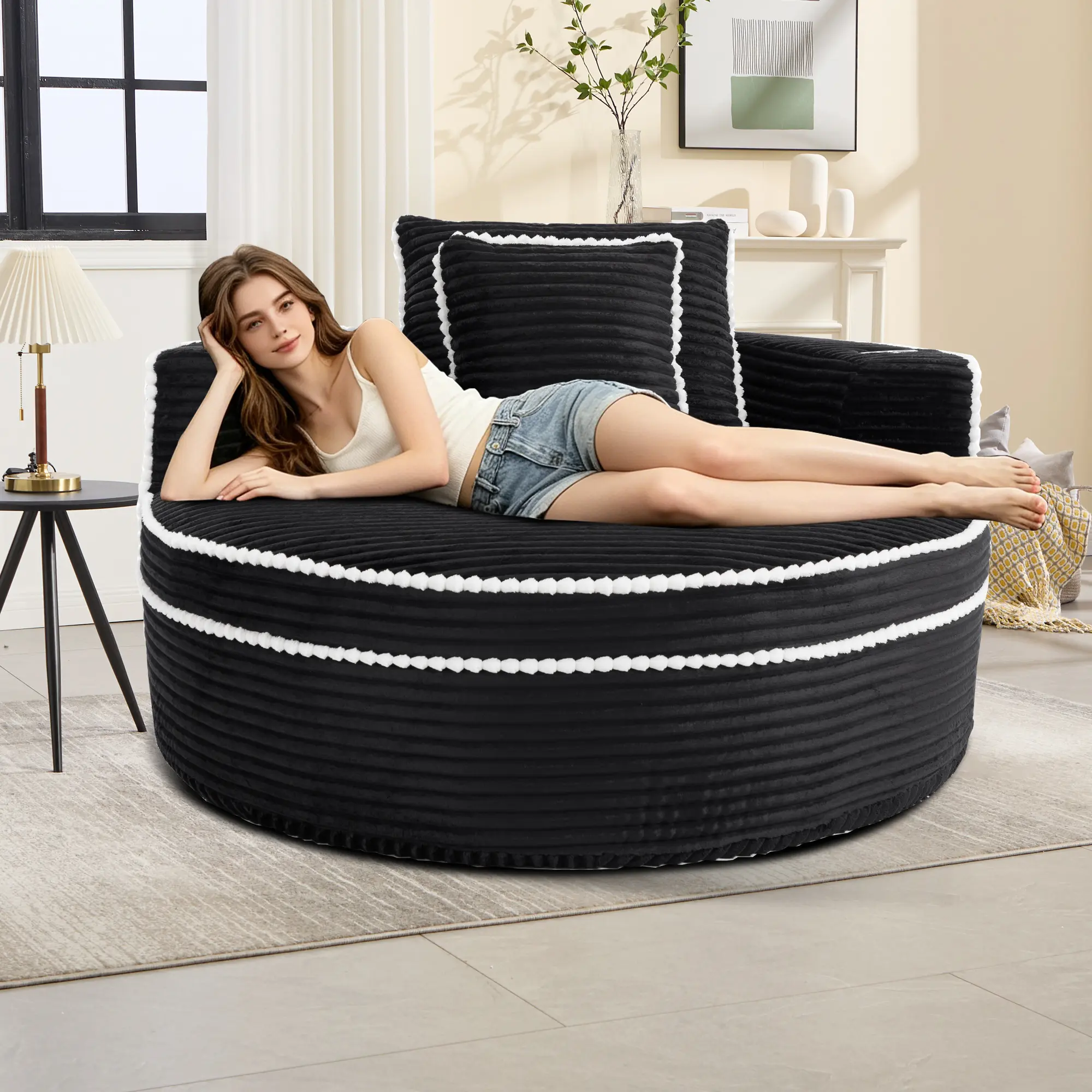 Round Convertible Sofa Bed with Memory Foam, Black Polyester Upholstery, 55-Inch Living Room Couch with Cup Holder and Pillows