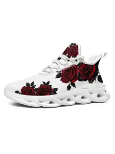 Men's Red Rose Print Casual Sneakers, Plus Size Lace Up Sports Trainers, Lightweight Breathable Running Shoes for Casual Outings, Fashion Street Style Party Gift, Fashionable Running Shoes