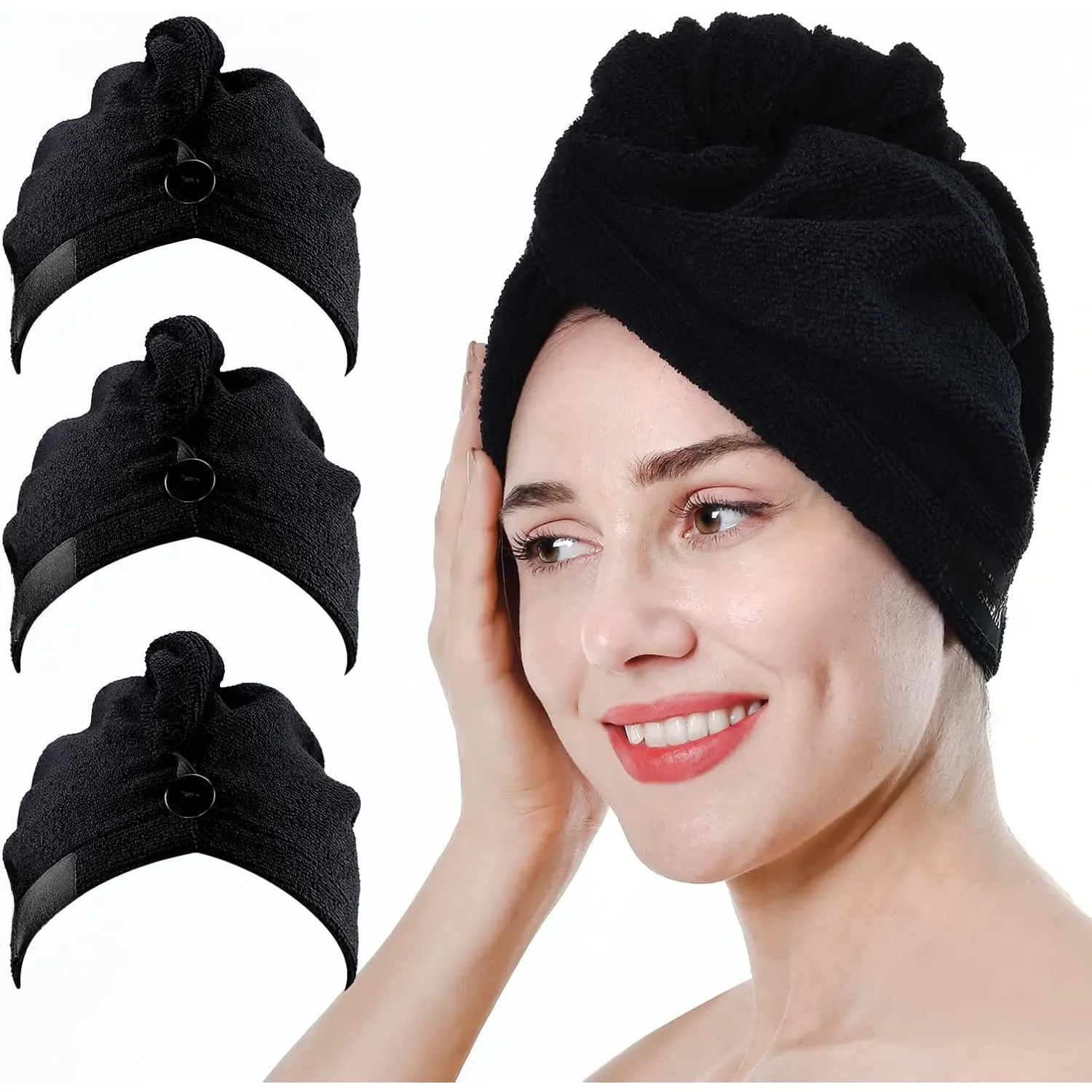 3Pack Microfiber Hair Towels, Wrap for Women(Drying Towel, Turban), Curly Hair - 10Wx28L, Black