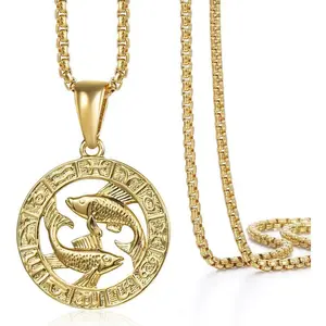 CASSIECA Gold Plated Pisces Zodiac Sign Necklace Stainless Steel 22 Inch Box Chain Pendant for Men Women Necklace Gift Fallfrashness Exquisite Jewelry Durability Astrology Enthusiasts Luxurious Finish Men's Accessories