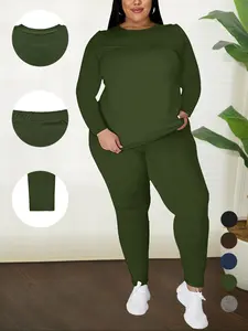 Women's Plus Size Two-Piece Set Long Sleeve Top & Pants, Casual Round Neck Outfit for Fall Winter Shopping Picnic Home Wear