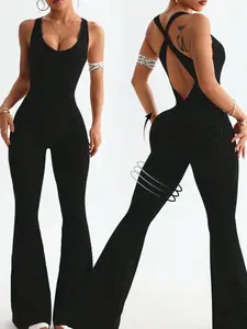 Women's Seamless Strapless Bodysuit, Leopard Print Micro Flare, Back Cross Tie Design, Ideal for Running, Yoga, Outdoor Activities, Stretchable Activewear