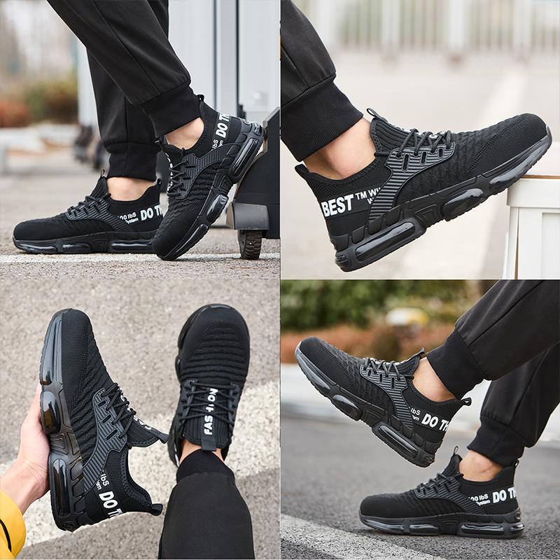 Ultra-light men’s safety shoes with steel toe protection and Kevlar puncture resistance, breathable mesh upper, non-slip sole—ideal for factory and warehouse work. Protect your feet and safely navigate every workday.
