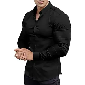 Men's muscle  dress shirts athletic slim  long sleeve stretch casual button down shirt fit No.551