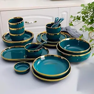 Nordic Style Luxury Ceramic Dinnerware Set – 18/25-Piece Green with Gold Rim, Elegant Plates and Bowls for 4 or 6 People – Perfect for Wedding, Anniversary, Birthday, and Everyday Dining Dinnerware Service Set