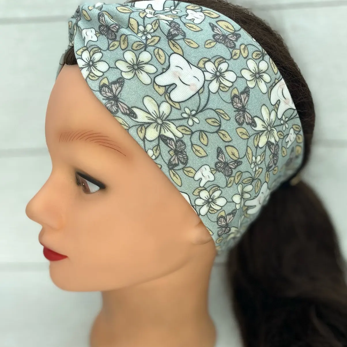 Grey Posh dental twist headband with teeth and butterflies