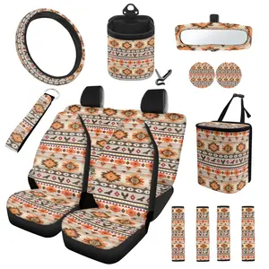 Southwest Aztec Print Car Seat Cover Set 15 PCS Auto Steering Wheel Cover Seat Belt Strap Pads Cup Coasters Trash Bag Air Vent Storage Bag Rearview Mirror Cover Keychain