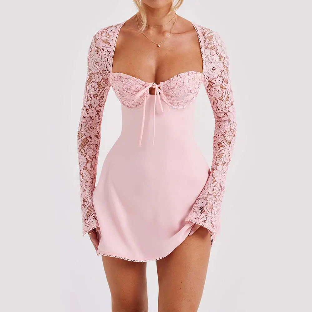Y2K Lace Long Sleeve Dress Fashion Sexy Corset Backless Lace Up Short  Dresses Womens Clothing - TikTok Shop