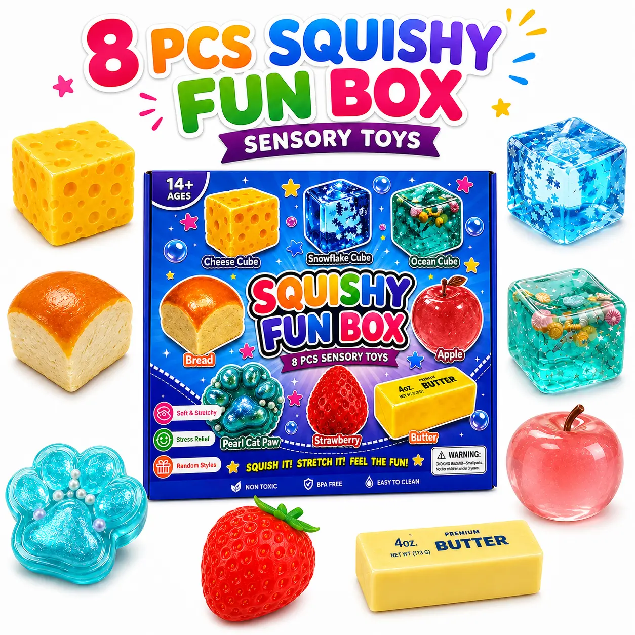 8-Pack Slow Rising Squishy Toys Set, Malt Sugar Stress Relief Fidget Toys, Sensory Toy Bundle with 8 Different Styles, Party Favors & Gift