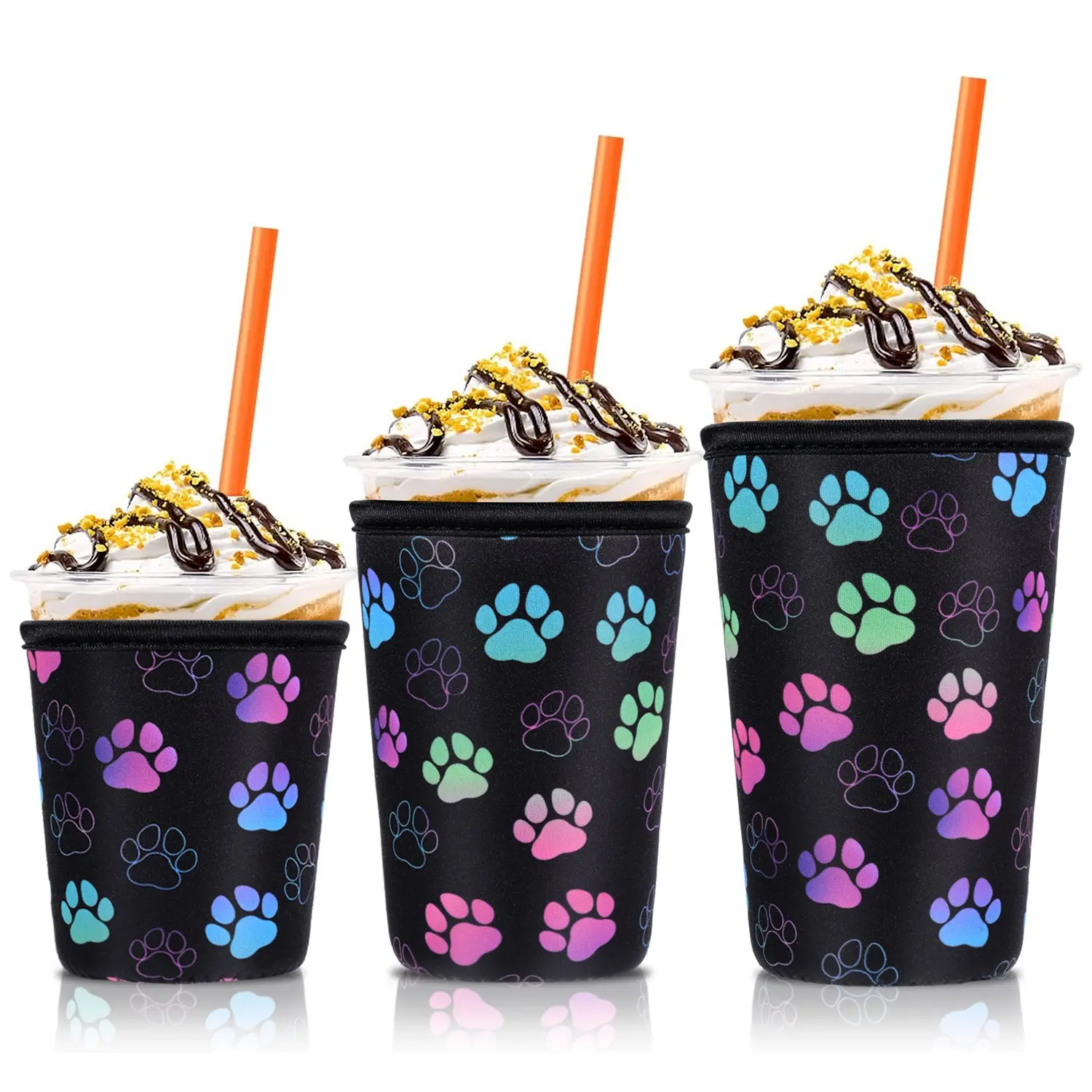 Reusable Iced Coffee & Cold Soda Insulated Neoprene Cup Sleeve, Reusable Neoprene Insulated Sleeves for Hot and Cold Drinks, Cat Paw Design, S/m/l 3-Pack Drinkware, Reusable Drinkware Covers