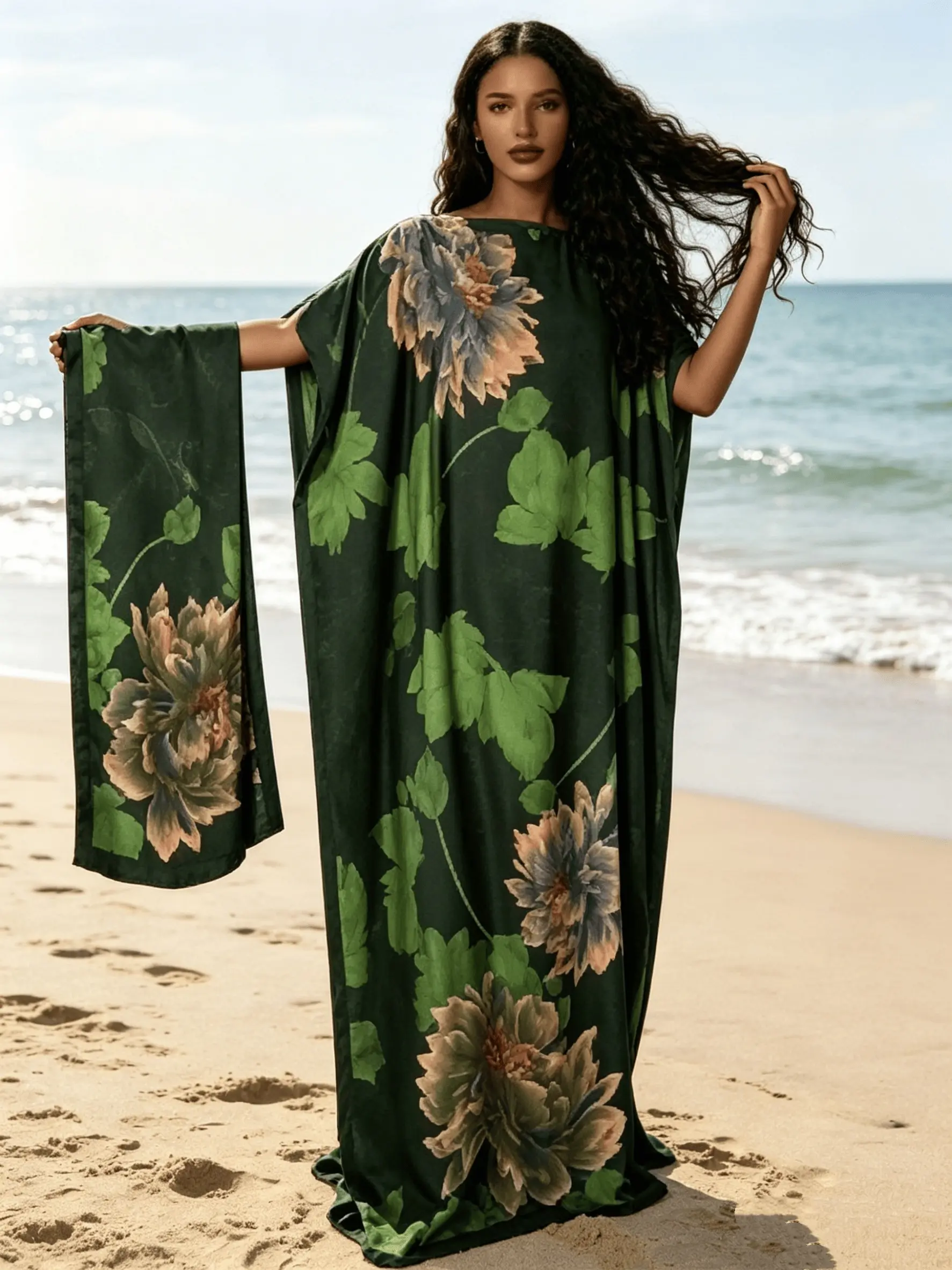 2026 New Women's 2 Piece Dark Green Floral Print Kaftan Maxi Dress with Matching Scarf, Silky Loose Satin Robe, Plus Size Friendly, Beach Cover Up, Resort Vacation, Evening Party & Casual Wear