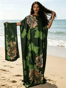 2026 New Women's 2 Piece Dark Green Floral Print Kaftan Maxi Dress with Matching Scarf, Silky Loose Satin Robe, Plus Size Friendly, Beach Cover Up, Resort Vacation & Evening Party Wear
