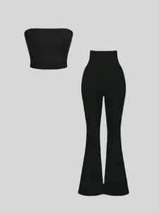 Two-Piece Set Women's Solid Color Floral Print Crop Tube Top & Flare Leg Pants, Casual Fashion Cozy Top & Bell Bottom Trousers for Daily Outdoor Wear, Ladies Summer Clothes, Casual Lounge Set, Suits