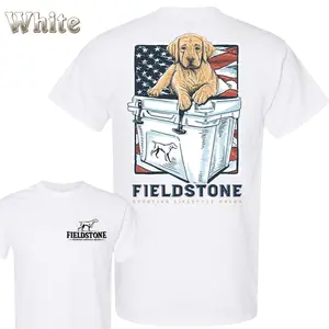 Fieldstone T-Shirt - Labrador On Cooler With American Flag Graphic Back Design , Small Front Chest Fieldstone Sporting Lifestyle Brand Print , Sporting Outdoor Lifestyle , Lake Trip Weekend Outfit , Graphic T-Shirt , Gift For Dog Lovers
