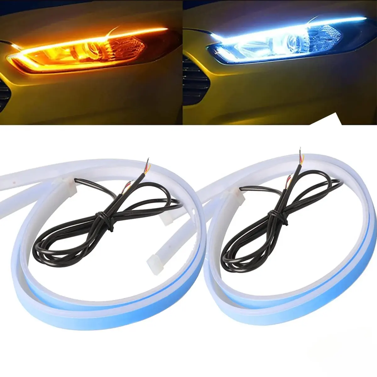 2Pcs Car LED Strip Lights, 18 In /24 Inch Flexible LED Headlight Strips Dual Color White Turn Signal Yellow Lights Waterproof Car Daytime Running Light Strip for Truck SUV