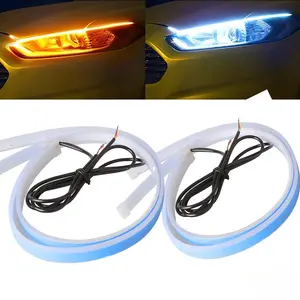 2Pcs Car LED Strip Lights, 18 In /24 Inch Flexible LED Headlight Strips Dual Color White Turn Signal Yellow Lights Waterproof Car Daytime Running Light Strip for Truck SUV