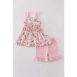 Pink baseball print gingham ruffle shorts set