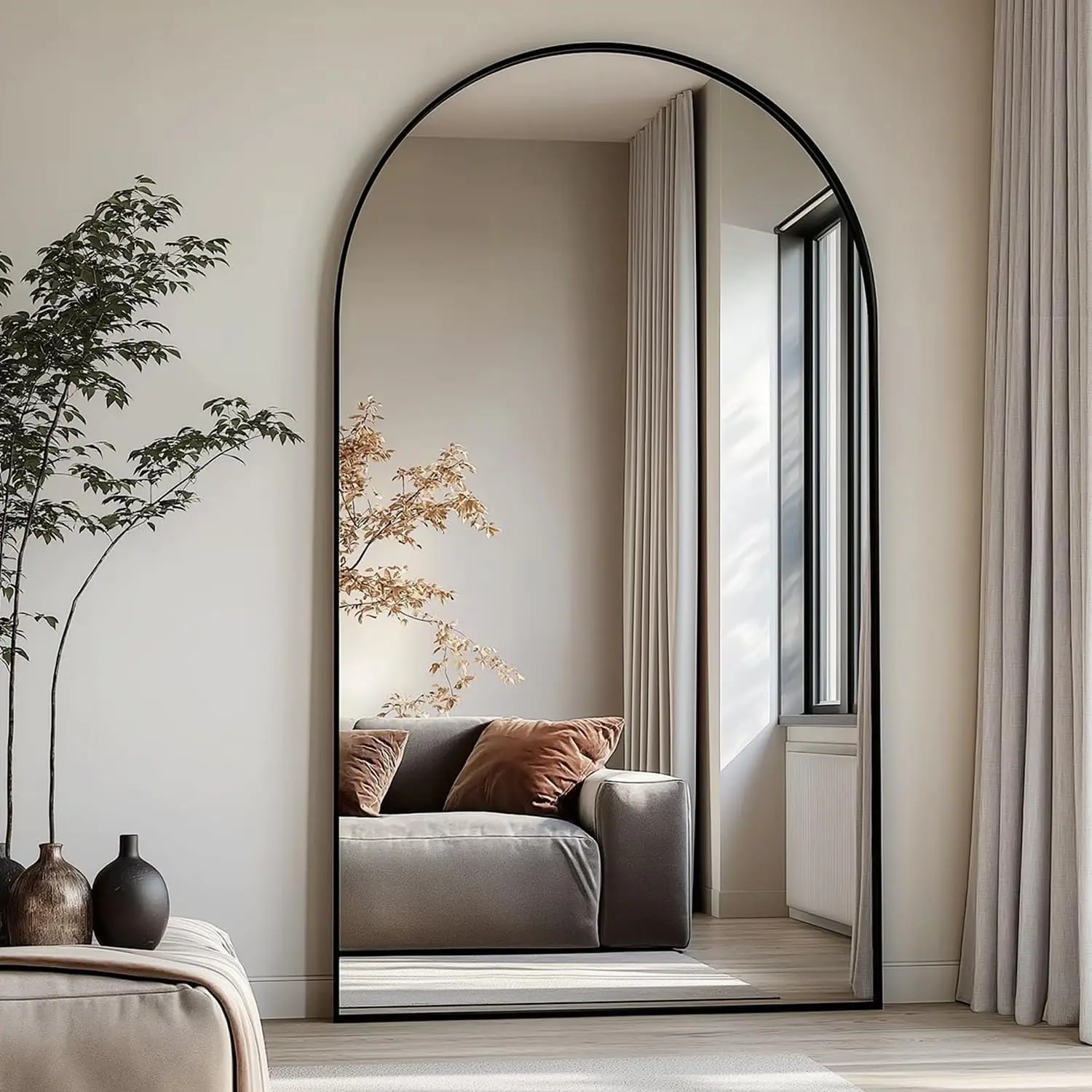 71"x26" Modern Arched Full Body Mirror - Thin Black Aluminium Alloy Frame, Lightweight Black Right Angle Indoor Furniture Mirror, Wall-Mount/Standing with Multi-Mount Options for Bedroom, Decorative Home Use