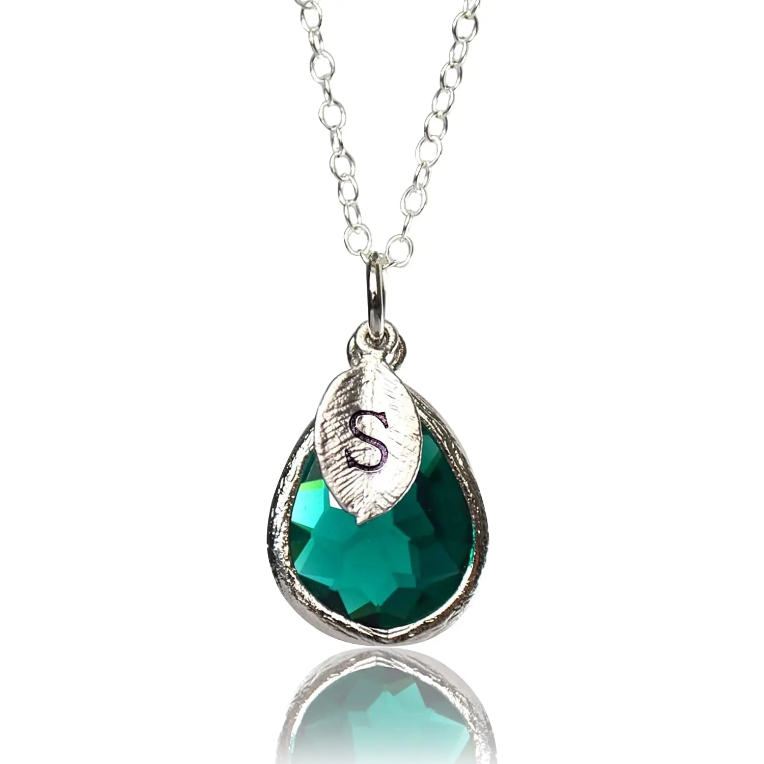 Personalized Emerald Necklace, May Teardrop Birthstone Jewelry, Bridesmaid Favor, Custom Initial Leaf, Birthday Gift for Her