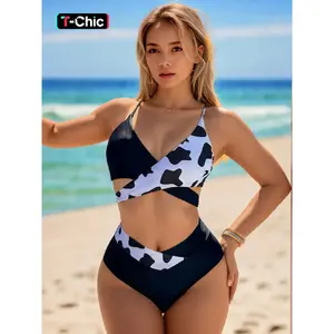 Two-Piece Set Women's Colorblock Cow Print Criss Cross Wrap Bikini for Summer 2024, Casual Knot Back Swim Top & Swim Bottom, Summer Swimwear for Vacation Holiday Beach, Beach Bikinis, Criss Cross Swimsuit