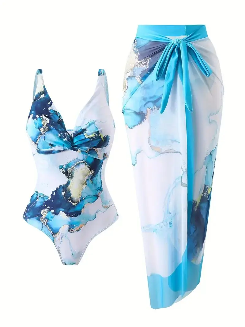 Women's 2-Piece Swimsuit Set, Elegant V-Neck Marble Print 1-Piece with Matching Long Sarong Beachwear Cover Up, Beach Swimsuit Coverup, Ocean Life, Random Stamps