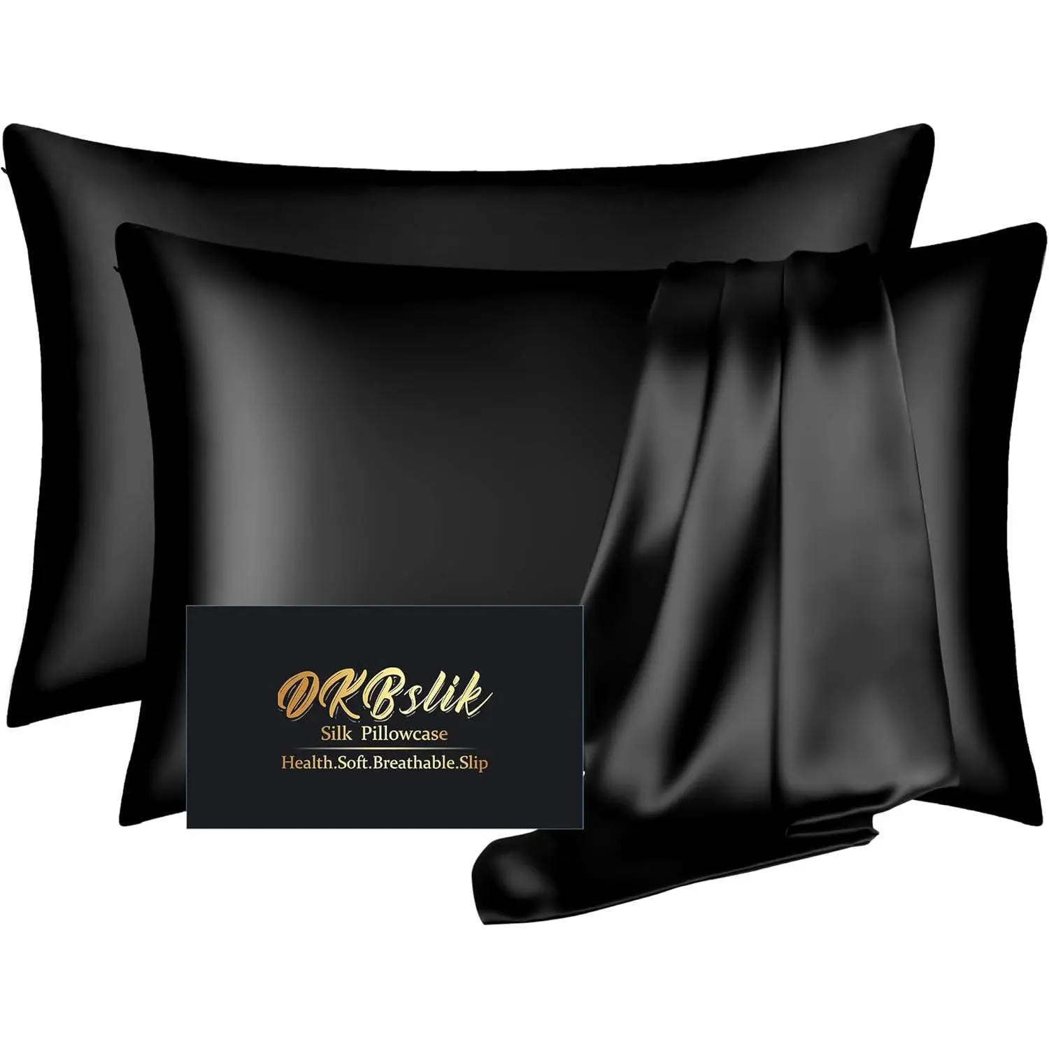 Silk Pillowcase 2 Pack, Mulberry Silk Pillow Queen Size Set of 2, Anti Acne Silk Pillowcase for Hair and Skin, Natural Pillowcases for Sleeping with Zipper, Black